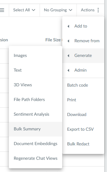 Bulk summary document list action